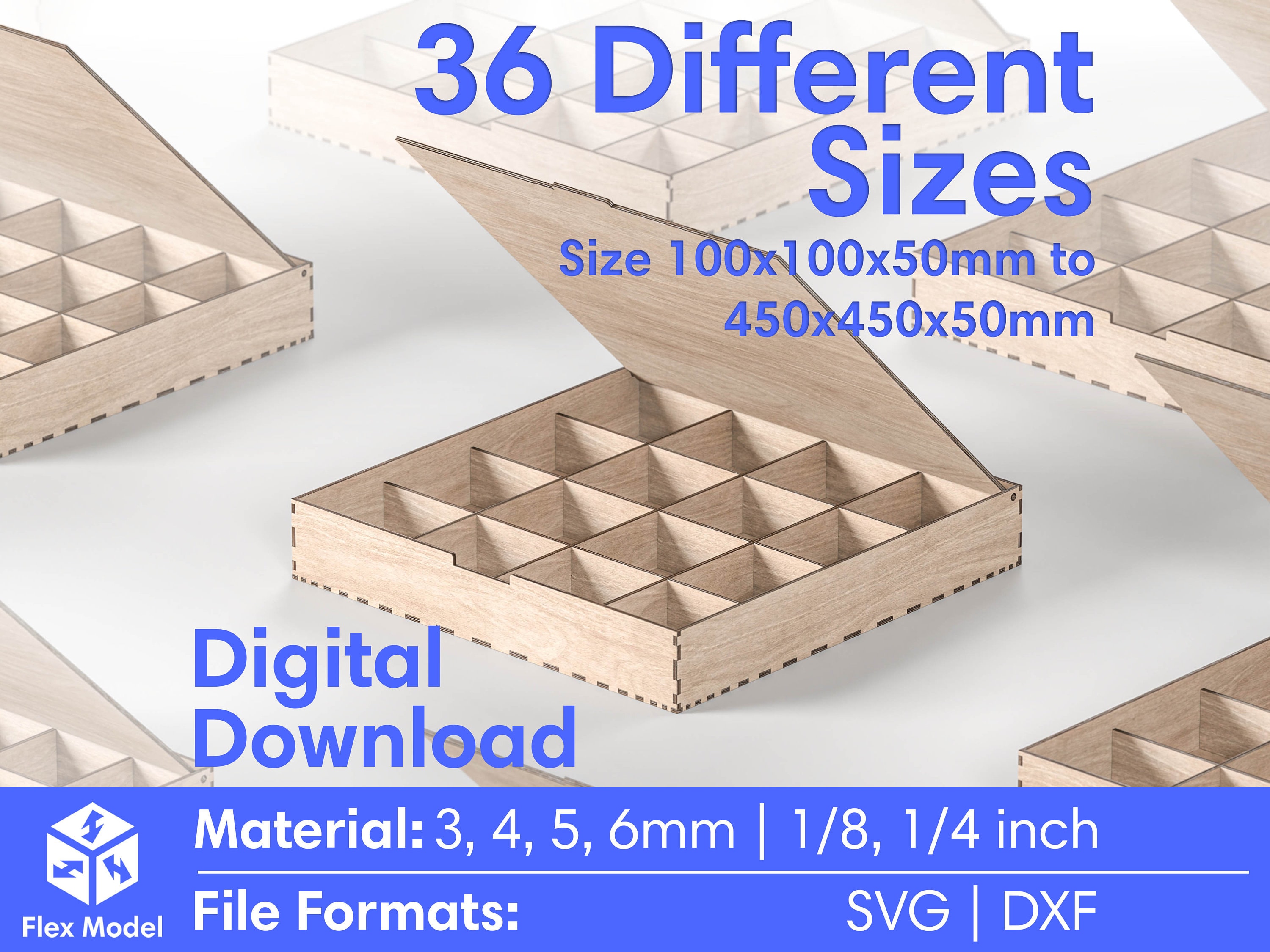Laser Cut Files Box Storage Organizer - Boxes with Flip lid and compartment - 36 Sizes - SVG DXF