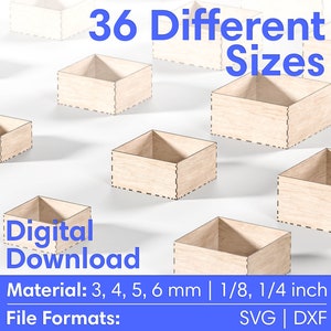 Lasergesneden doos - opbergdoos - 36 verschillende maten - 6 verschillende materiaaldiktes - Lasersnijden bestanden Glowforge SVG, DXF