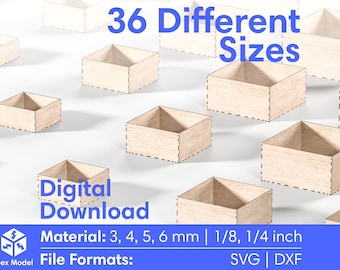 Laser Cut Box  - Storage Box - 36 Different Size - 6 Different Material Thickness - Laser Cutting Files Glowforge SVG, DXF