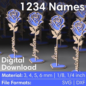 Two Layered Flowers Laser Cut Svg Files, Rose with Names Laser Cut Gift, Vector Files For Wood Laser