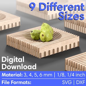 Può includere: Nove diverse dimensioni di ciotole di legno realizzate in compensato da 3, 4, 5 o 6 mm di spessore. Le ciotole sono mostrate con pere all'interno. L'immagine include anche il testo "9 dimensioni diverse", "Download digitale", "Materiale: 3, 4, 5, 6 mm | 1/8, 1/4 pollice", "Formati di file: SVG | DXF".