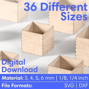 Caja de corte láser - Caja de almacenamiento - 36 tamaños diferentes - 6 espesores de material diferentes - Archivos de corte láser Glowforge SVG, DXF