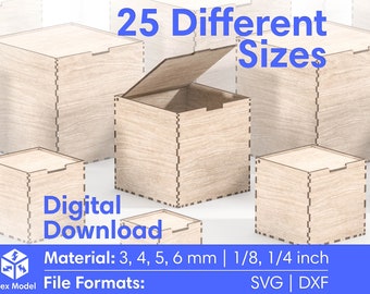 Laser Cut Box With Flip Up Lid - Storage Box - 25 Different Size - 6 Different Material Thickness - Laser Cutting Files Glowforge SVG, DXF