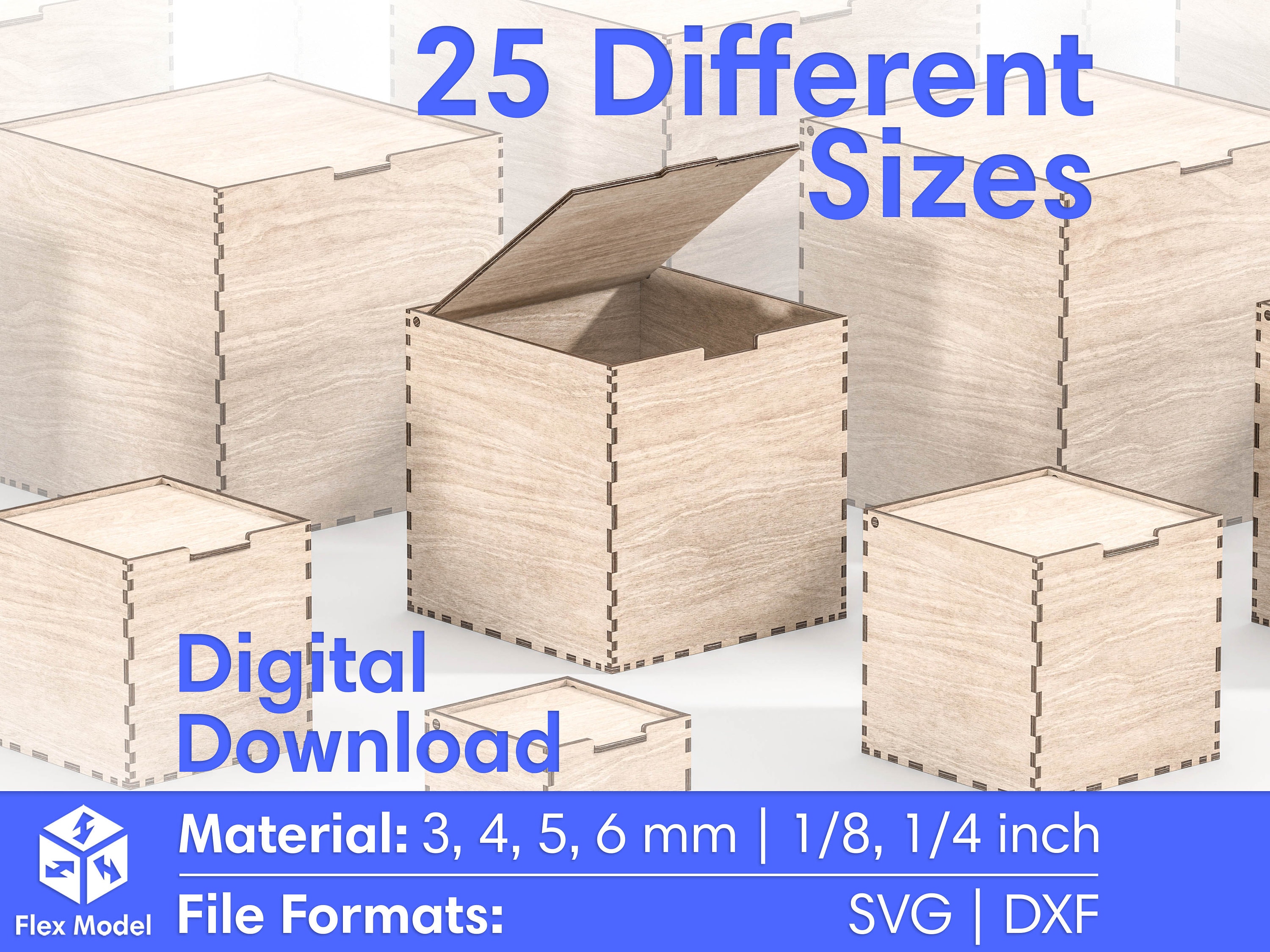 Laser Cut Box With Flip Up Lid - Storage Box - 25 Different Size - 6 Different Material Thickness - Laser Cutting Files Glowforge SVG, DXF