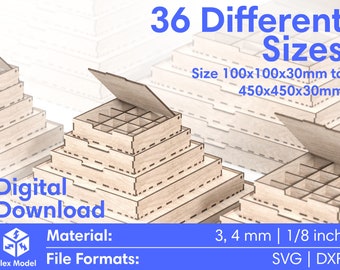 Laser Cut Files Box Storage Organizer - Boxes with Flip lid and compartment - 36 Sizes - SVG DXF