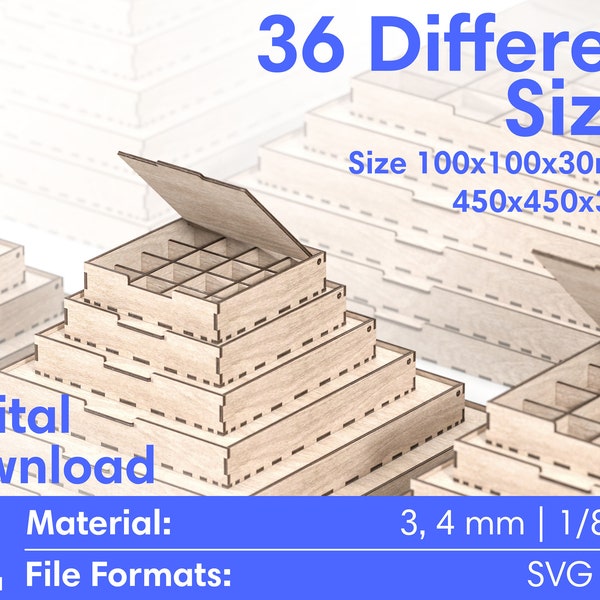 Laser Cut Files Box Storage Organizer - Boxes with Flip lid and compartment - 36 Sizes - SVG DXF