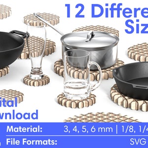 Puede incluir: Imagen de descarga digital con salvamanteles de madera de varios tamaños, para soportar utensilios de cocina y cristalería. El texto indica 12 tamaños diferentes, opciones de material de 3, 4, 5 y 6 mm y formatos de archivo SVG y DXF.