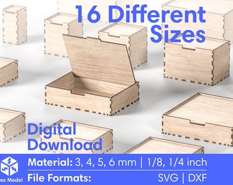 Caja cortada por láser con tapa abatible - Caja de almacenamiento - 16 tamaños diferentes - 6 espesores de material diferentes - Archivos de corte láser Glowforge SVG, DXF