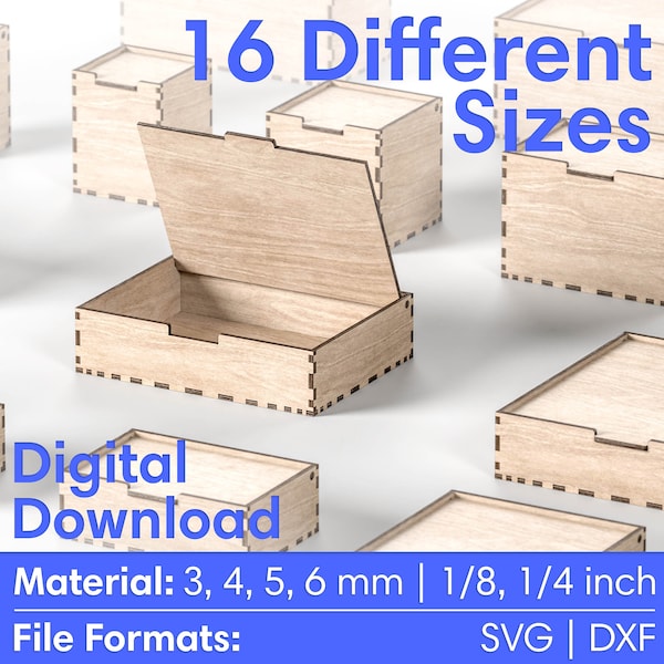 Laser Cut Box With Flip Up Lid - Storage Box - 16 Different Size - 6 Different Material Thickness - Laser Cutting Files Glowforge SVG, DXF