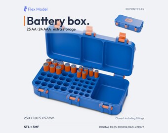 AA and AAA Battery Storage Box STL & 3MF Files – Hinged Organizer with Extra Compartment