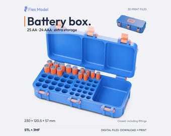 AA and AAA Battery Storage Box STL & 3MF Files – Hinged Organizer with Extra Compartment