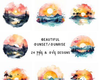 Beautiful Tropical Sunshine, Sunset/Sunrise SVG PNG Files for Cut File, Cricut, Sublimation Projects. 24 eyecatching designs. Hello Sunshine