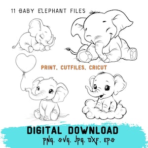 Może przedstawiać: Zestaw 11 plików cyfrowych z uroczymi ilustracjami małych słoni w czerni i bieli. Ilustracje obejmują małego słonia trzymającego balon w kształcie serca, małego słonia siedzącego na chmurze i małego słonia siedzącego z trąbą w pysku. Tekst "PRINT, CUTFILES, CRICUT" i "DIGITAL DOWNLOAD PNG. SVG. JPG. DXF. EPS" jest również zawarty w obrazie.