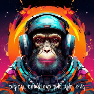 Arquivos PNG coloridos do Space Monkey Pilot Cyberpunk SVG para camisetas, moletons, canecas, almofadas e sublimação, licença comercial incluída.