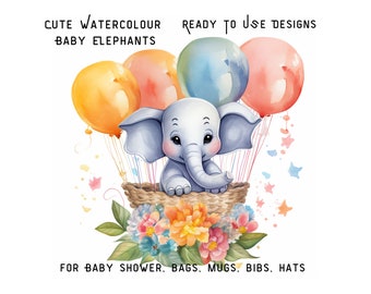 Baby Elephants SVG PNG, 22 Cut File for Sublimation and Cricut Projects, Beautiful Watercolor Cute Elephants, New baby, Baby Shower Clip Art