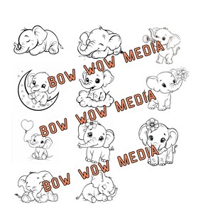 May include: A set of nine black and white line drawings of cute baby elephants in various poses. The elephants are holding a balloon, a flower, a trumpet, and a moon. Some are sitting, some are standing, and some are sleeping.