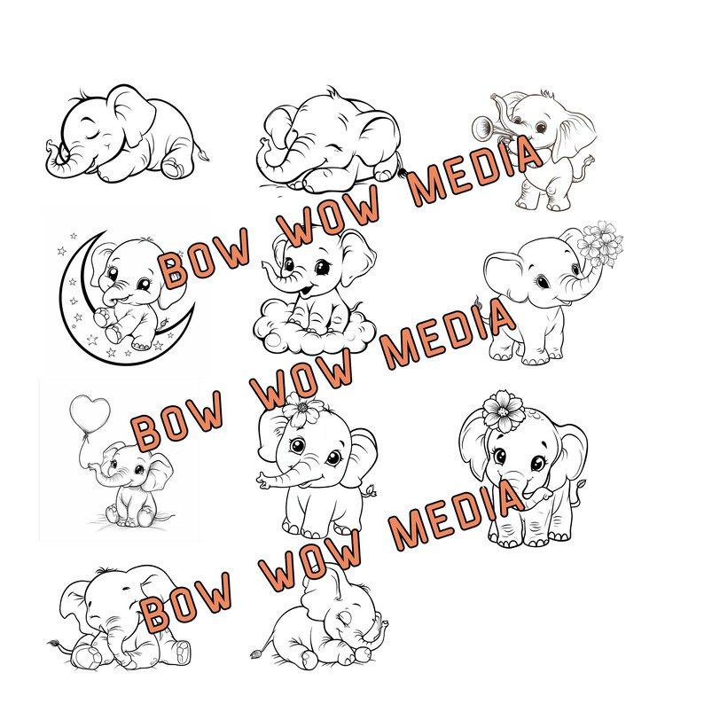 May include: A set of nine black and white line drawings of cute baby elephants in various poses. The elephants are holding a balloon, a flower, a trumpet, and a moon. Some are sitting, some are standing, and some are sleeping.