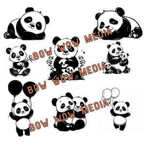 Pu&ograve; includere: Un set di illustrazioni di orsi panda in bianco e nero. I panda sono in varie pose, tra cui dormire, tenere un cucciolo di panda e tenere palloncini. Le illustrazioni sono perfette per l'uso nello scrapbooking, nella creazione di biglietti o in altri progetti di artigianato.