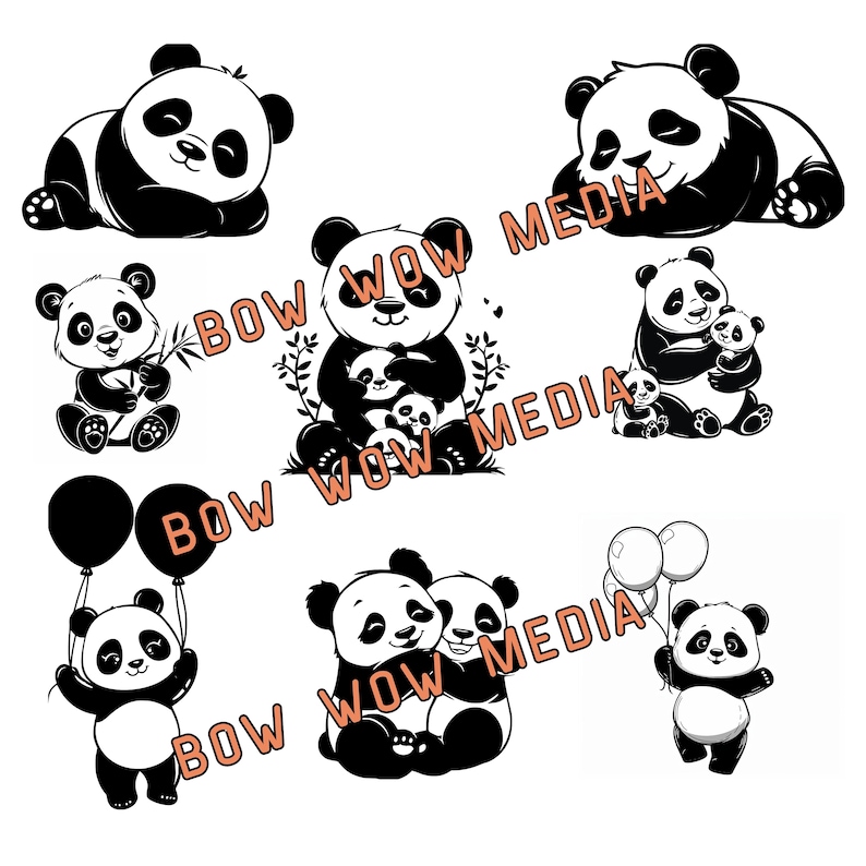 Pu&ograve; includere: Un set di illustrazioni di orsi panda in bianco e nero. I panda sono in varie pose, tra cui dormire, tenere un cucciolo di panda e tenere palloncini. Le illustrazioni sono perfette per l'uso nello scrapbooking, nella creazione di biglietti o in altri progetti di artigianato.