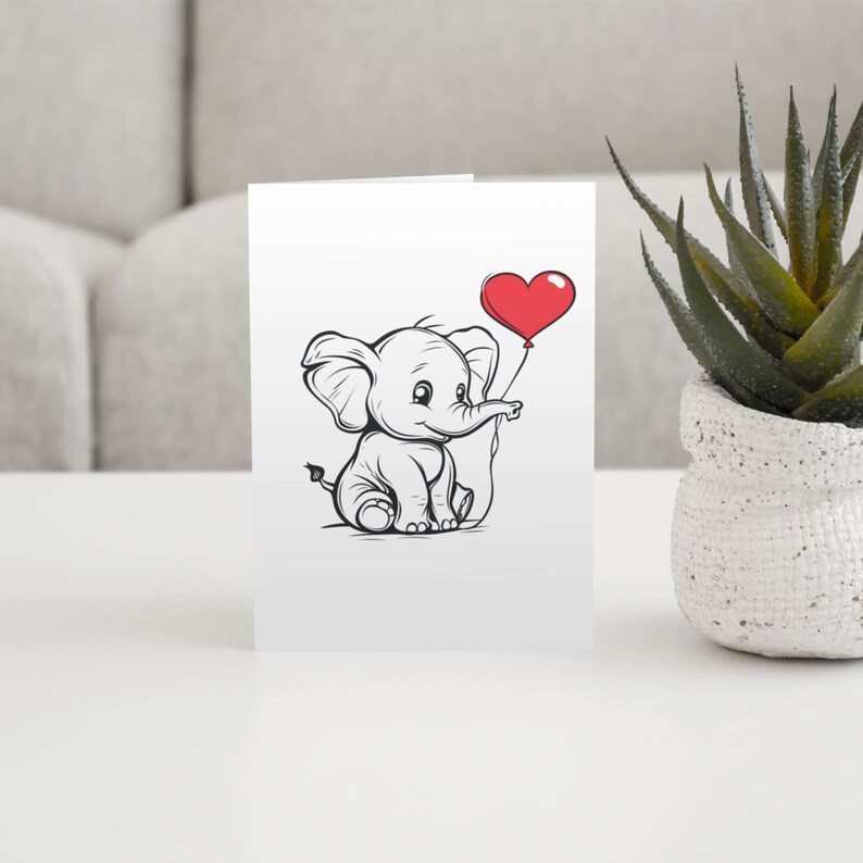 May include: A black and white illustration of a cute elephant holding a red heart-shaped balloon. The elephant is sitting down and looking to the right.