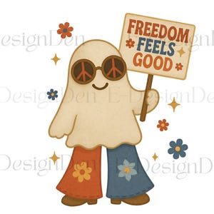 Retro jaren 70 patriottische geest clipart-png | Freedom Feels Good Sublimatieontwerp | 4 juli Groovy Ghost | Peace Love USA png | Boo-sticker
