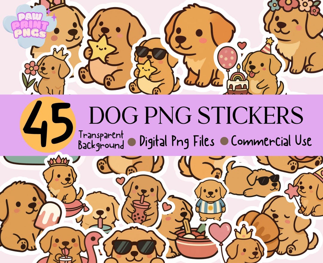 Cute Kawaii Dog Stickers PNG, Printable Dog Sticker Cricut, Golden ...