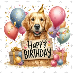 Golden retriever joyeux anniversaire png, cliparts, conception mignonne de joyeux anniversaire pour les amoureux des chiens, png, sublimation, chien mignon voeux de joyeux anniversaire png
