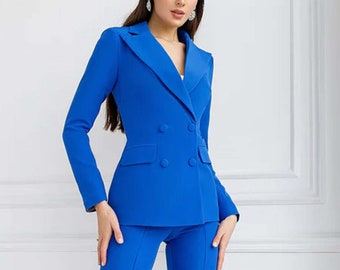 Traje ajustado de mujer azul real con doble botonadura y pantalón para fiesta de graduación, trabajo, reuniones, cóctel, club, regalo, Navidad (abrigo + pantalón)