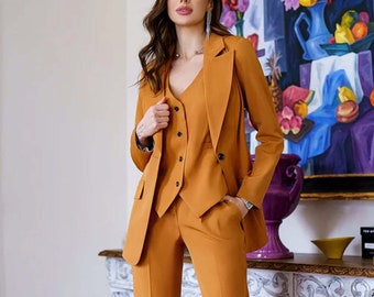 Slim Fit Frauen Camel Braun Business Anzug mit Hose für Abschlussball, Arbeit, Meetings, Street Wear, Partywear, Geschenk, Weihnachten (Mantel + Hose)