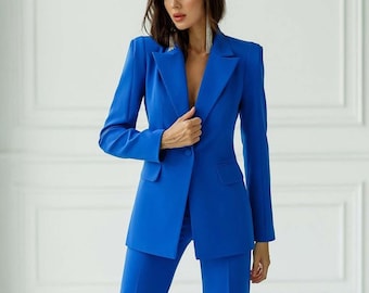 Costume d'affaires bleu royal pour femme avec pantalon à cloche pour bal, travail, réunions, cocktail, club, cadeau, Noël (manteau + pantalon)