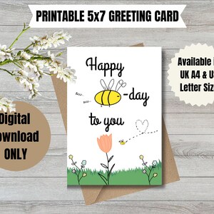 DIGITAL Birthday Card, Cute Bee Happy Bee-day, PRINTABLE Card.