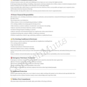 Könnte beinhalten: Ein Dokument mit dem Titel Veterinary Costs & Owner Financial Responsibility Policy, das Abschnitte zu Behandlung, finanzieller Haftung, Vorerkrankungen, Notfällen und Tierschutz enthält, mit dem Wasserzeichen FreshMutts.