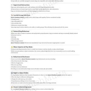 May include: A document titled "Dog Interaction Policy" with text detailing supervised interaction, group selection, natural dog behavior, and risk disclosures. The document is in black text on a white background.