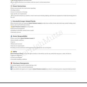 Könnte beinhalten: Ein weißes Dokument mit dem Titel „Pet Visit & Small Animal Care Policy“, das Dienstleistungen, Anweisungen für den Besitzer und Sicherheitsmaßnahmen für die Tierpflege detailliert. Der Text ist in schwarzer Schrift.