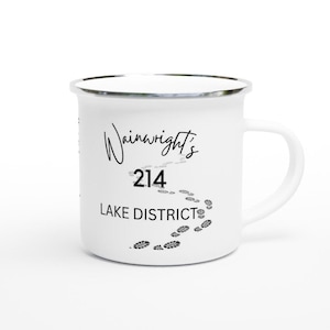 Walking The Wainwrights 214 lake district lovers White 12oz Enamel Mug | wainwright bagging outdoors hiking camping mug