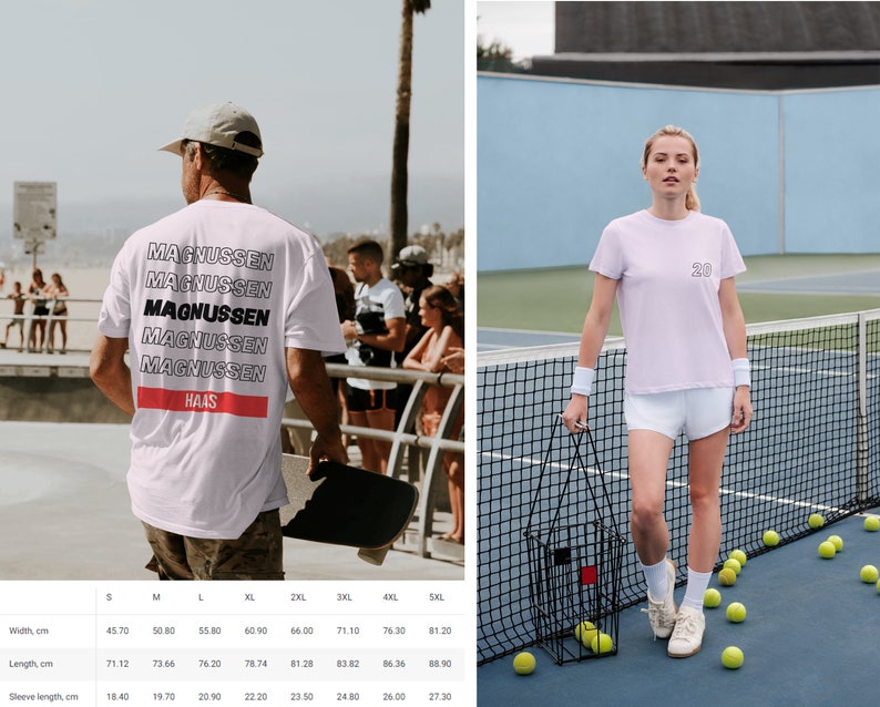 Puede incluir: Camisetas blancas con texto. Una tiene el nombre "MAGNUSSEN" apilado en la espalda con "HAAS" debajo. La otra es de color lila claro con el n&uacute;mero "20" en la parte delantera. Ambas son de manga corta. Medidas en cm.