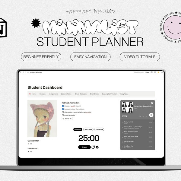 Notion Template Student Planner | Easy-to-use Interface, All-in-one College Student Planner, Digital Note Taking, Minimalist Aesthetic