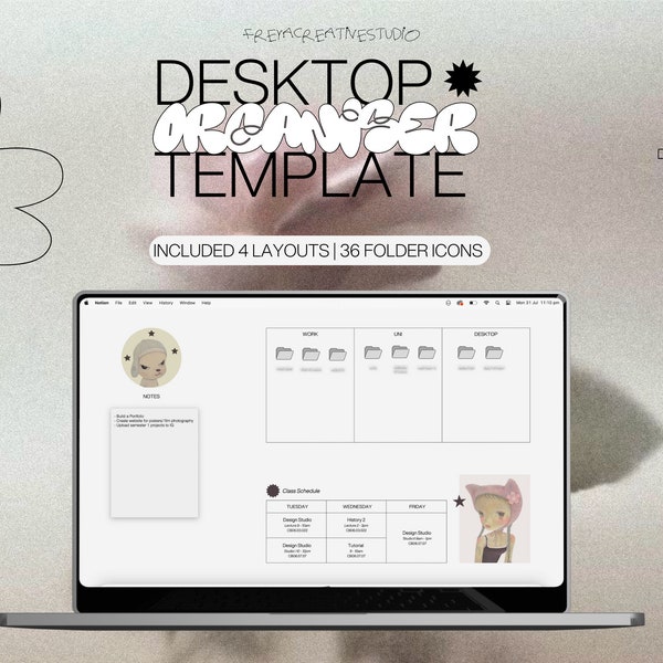 Aesthetic Desktop Wallpaper Organizer + Folder icons for College Student, Personal, Business, Weekly/ Work Schedule, Customizable with Canva