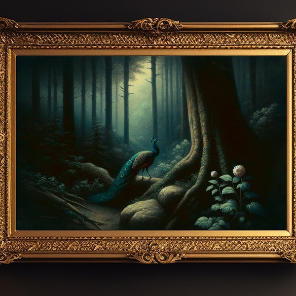 Peacock in Dark Fantasy Forest Moonlight Wall Art | Horizontal Printable Digital Download | Dark Academia Aesthetic, Moody Cottagecore Room