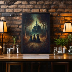 Witches in Front of a Church Deep the the Woods Wall Art  | Premium Matte Vertical Posters | Moody Vintage Gothic Occult Dark Room Aesthetic