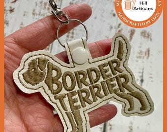 Border Terrier Dog Keyring, Key Fob Bag Tag, white faux leather vinyl embroidered.