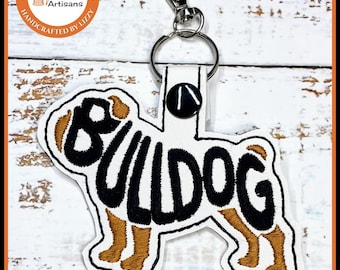 Bull Dog Keyring, Key Fob Bag Tag, white faux leather vinyl embroidered.
