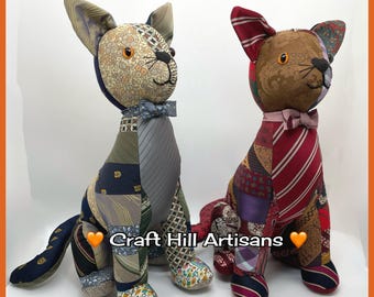 Memory Cat made from neckties. Decorative seated cat.