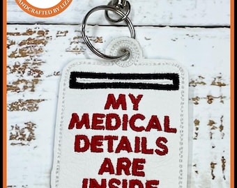 Medical Details Key Ring: White Vinyl Bag Tag with Pocket