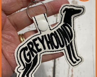 Greyhound Dog Keyring, Key Fob Bag Tag, white faux leather vinyl embroidered.