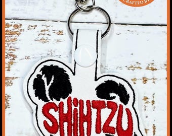 Shih Tzu Keyring, Key Fob Bag Tag, white faux leather vinyl embroidered.