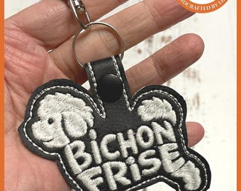 Bichon Frise Dog Keyring, Key Fob Bag Tag, white faux leather vinyl embroidered.