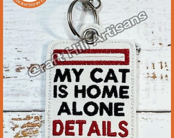 Embroidered Cat Keyring: White Vinyl Key Fob with Pocket
