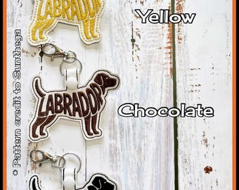 Labrador Dog Keyring, Key Fob Bag Tag, white faux leather vinyl embroidered.