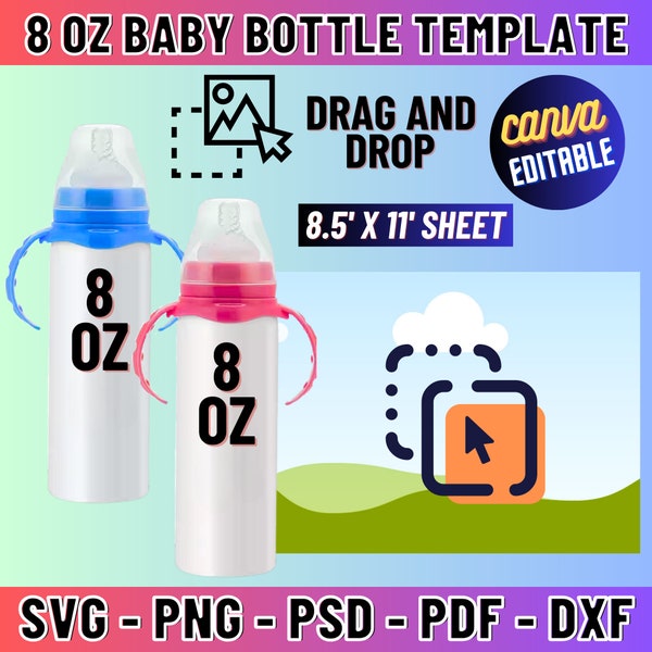 Baby Bottle Template, 8oz Kids Milk Bottle Sublimation Template, Kids Water Bottle Template, Baby Bottle Svg, Tumbler Wrap, Canva Editable